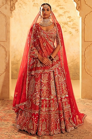 Red Pure Silk Nakshi & Dabka Embroidered Lehenga Set by Kapda Dori