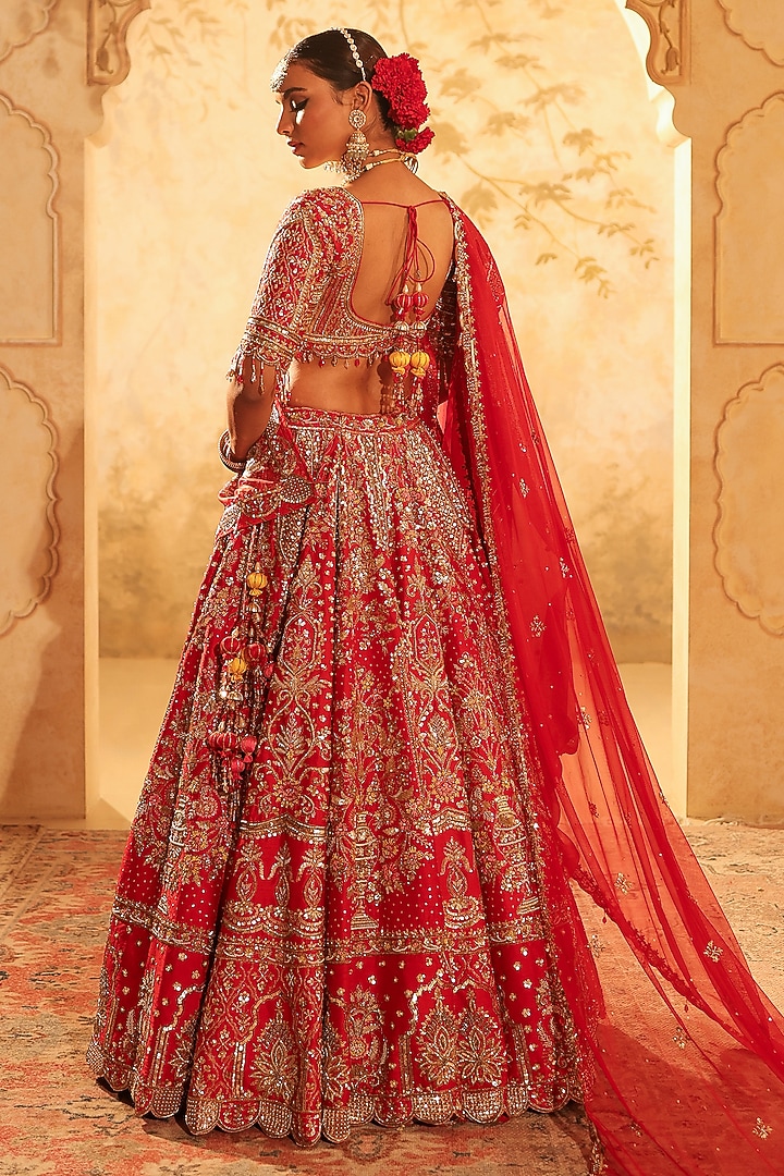 Red Pure Silk Nakshi & Dabka Embroidered Bridal Lehenga Set by Kapda Dori at Pernia's Pop Up Shop