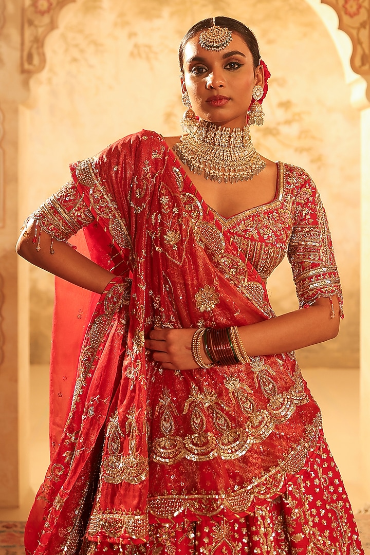 Red Pure Silk Nakshi & Dabka Embroidered Bridal Lehenga Set by Kapda Dori at Pernia's Pop Up Shop