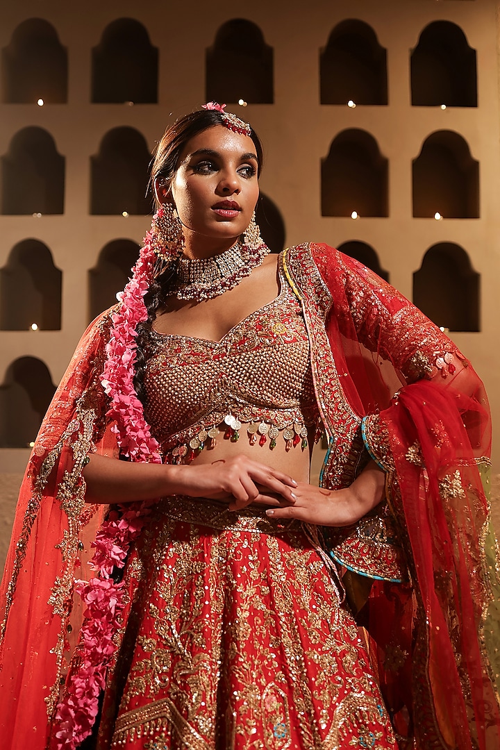Red Pure Silk Nakshi & Dabka Embroidered Bridal Lehenga Set by Kapda Dori at Pernia's Pop Up Shop