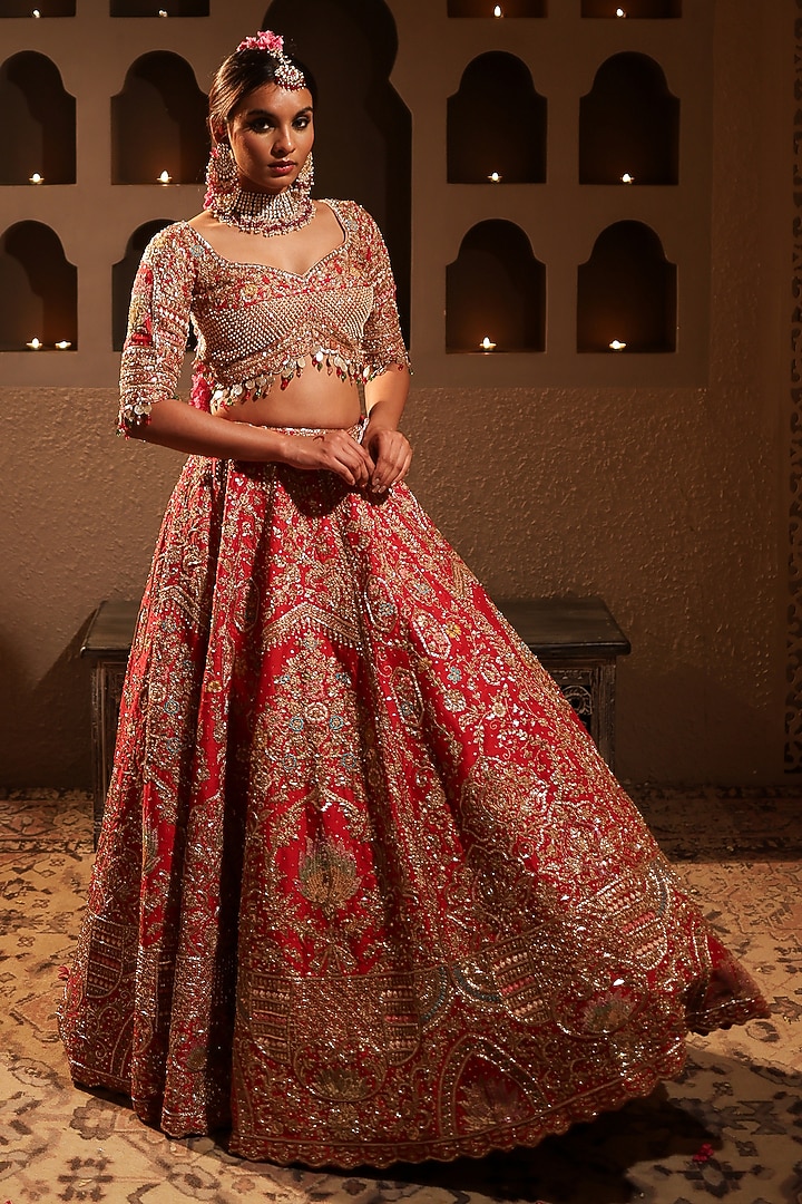 Red Pure Silk Nakshi & Dabka Embroidered Bridal Lehenga Set by Kapda Dori at Pernia's Pop Up Shop