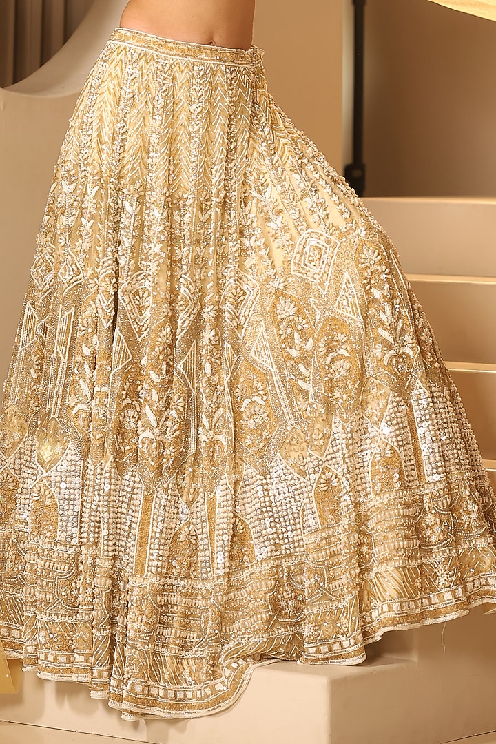 Gold Net Sequins & Pearl Embroidered Bridal Lehenga Set by Kapda Dori at Pernia's Pop Up Shop