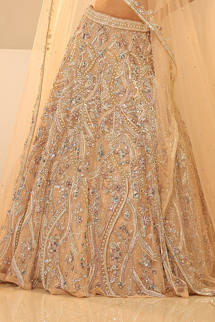 Nude Net Sequins & Pearl Embroidered Bridal Lehenga Set by Kapda Dori at Pernia's Pop Up Shop