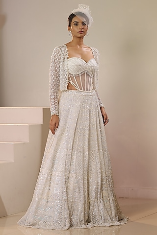 White Net Sequins & Pearl Embroidered Jacket Lehenga Set by Kapda Dori