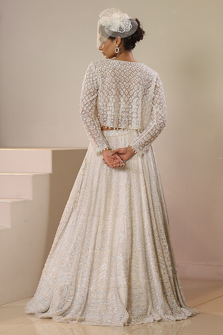 White Net Sequins & Pearl Embroidered Jacket Bridal Lehenga Set by Kapda Dori at Pernia's Pop Up Shop