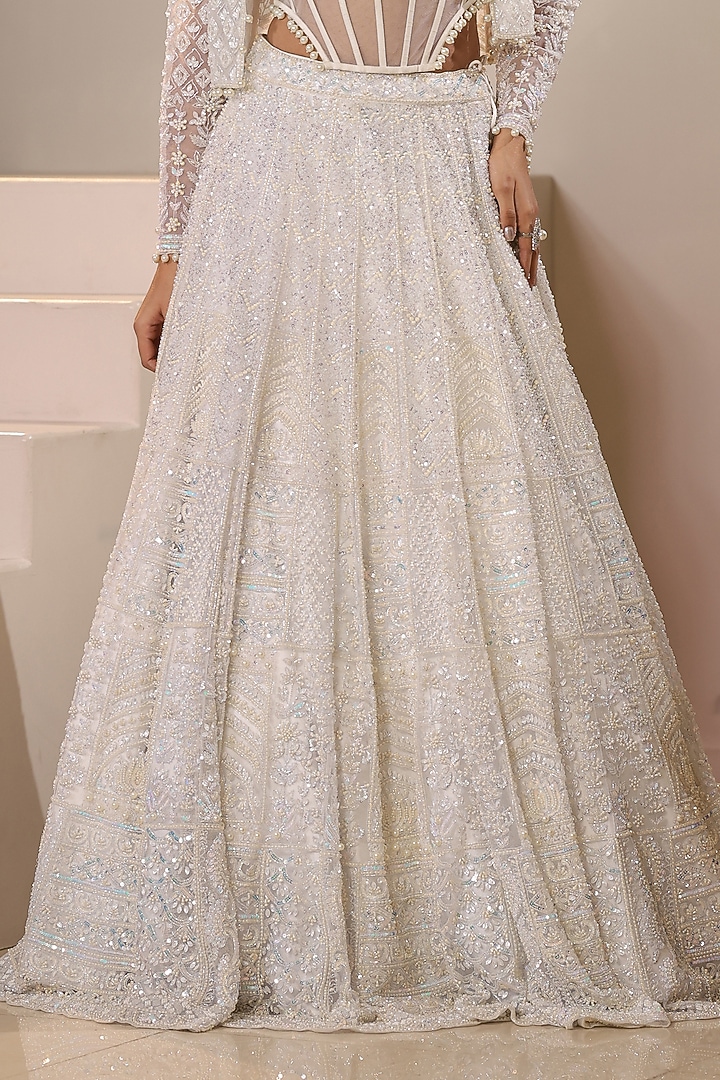 White Net Sequins & Pearl Embroidered Jacket Bridal Lehenga Set by Kapda Dori at Pernia's Pop Up Shop
