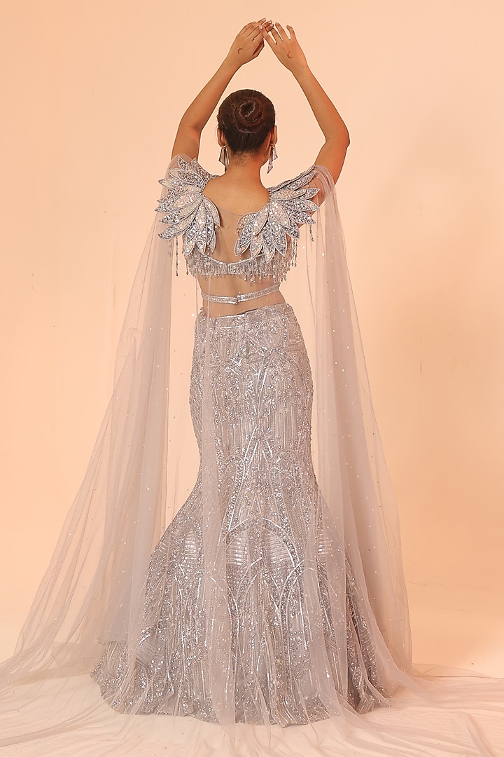 Silver Grey Net Sequins & Cudana Embroidered Bridal Lehenga Set by Kapda Dori at Pernia's Pop Up Shop