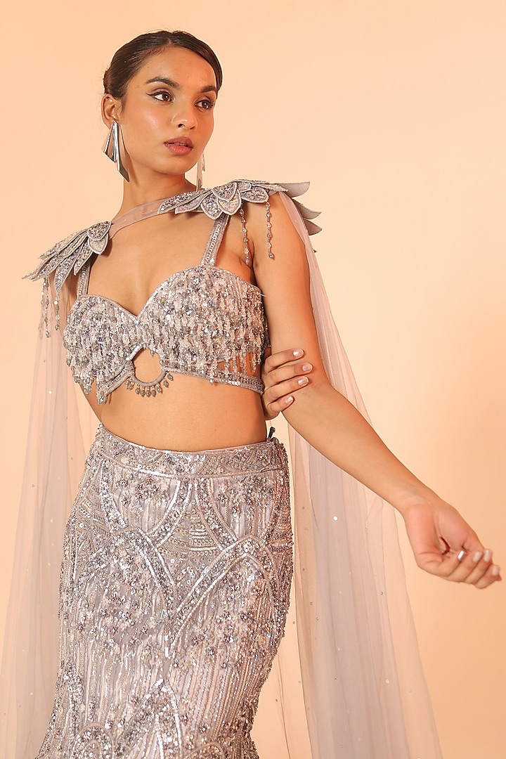 Silver Grey Net Sequins & Cudana Embroidered Bridal Lehenga Set by Kapda Dori at Pernia's Pop Up Shop