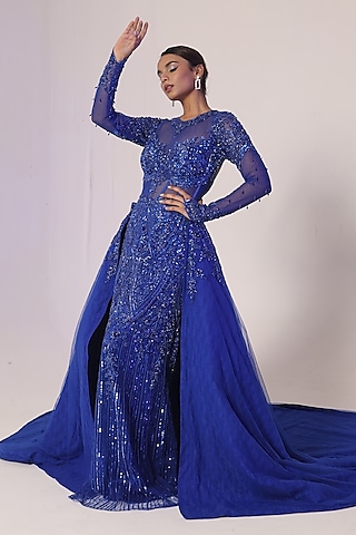 Royal Blue Net Sequins & Cutdana Embroidered Gown With Outer Skirt by Kapda Dori