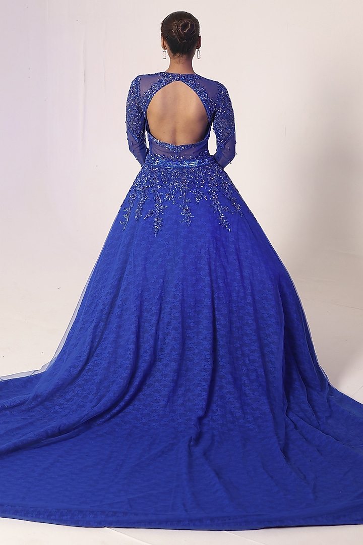 Royal Blue Net Sequins & Cutdana Embroidered Bridal Gown With Outer Skirt by Kapda Dori at Pernia's Pop Up Shop