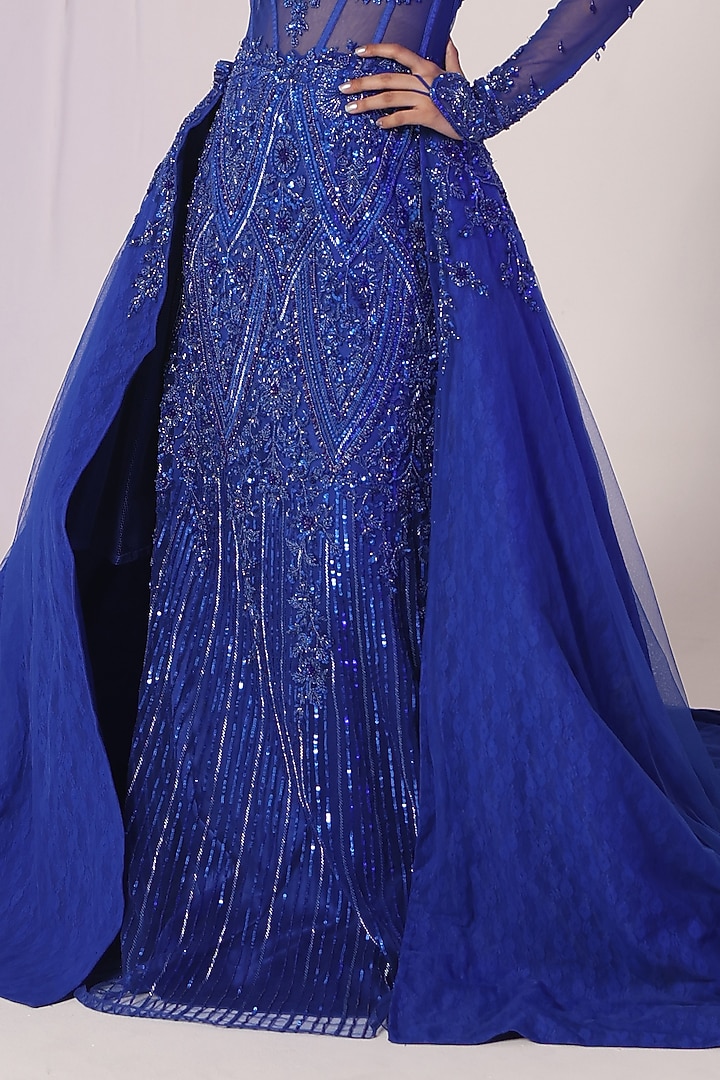 Royal Blue Net Sequins & Cutdana Embroidered Bridal Gown With Outer Skirt by Kapda Dori at Pernia's Pop Up Shop