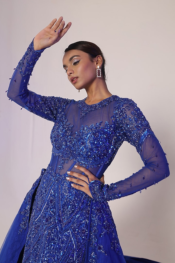 Royal Blue Net Sequins & Cutdana Embroidered Bridal Gown With Outer Skirt by Kapda Dori at Pernia's Pop Up Shop