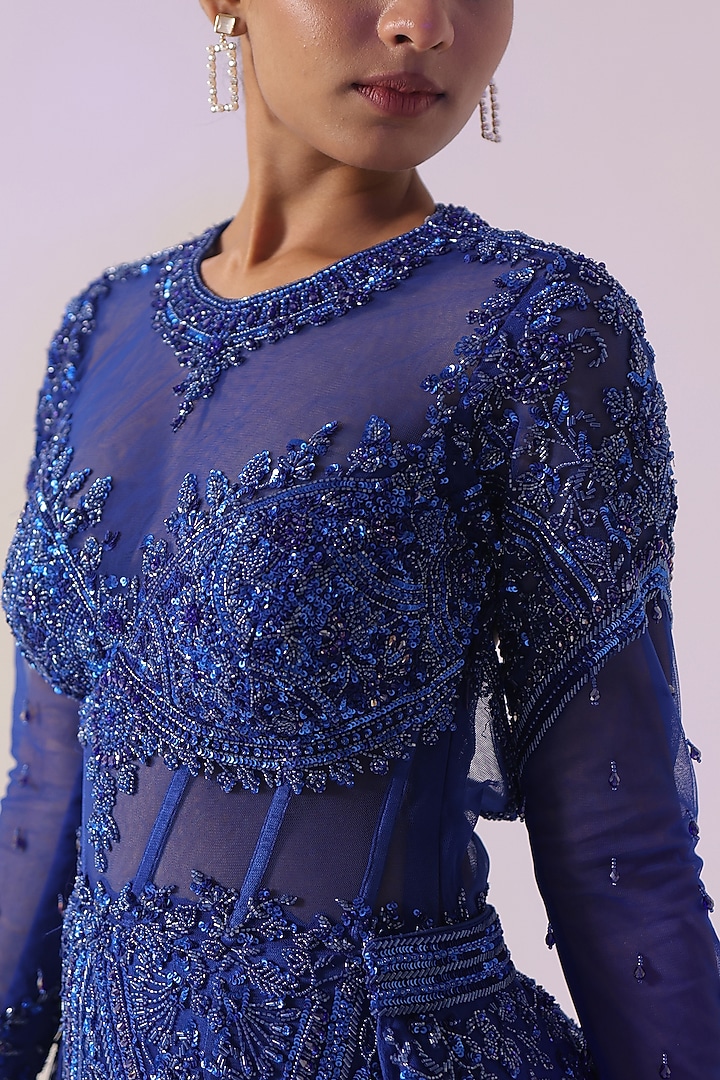 Royal Blue Net Sequins & Cutdana Embroidered Bridal Gown With Outer Skirt by Kapda Dori at Pernia's Pop Up Shop