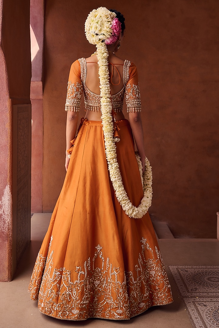 Rust Orange Shimmer Tissue Silk Sequins Embroidered Wedding Lehenga Set by Kapda Dori at Pernia's Pop Up Shop