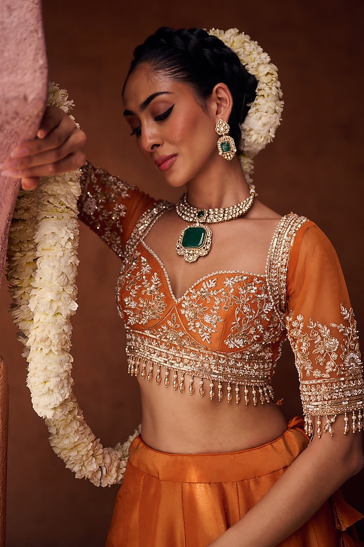 Rust Orange Shimmer Tissue Silk Sequins Embroidered Wedding Lehenga Set by Kapda Dori at Pernia's Pop Up Shop