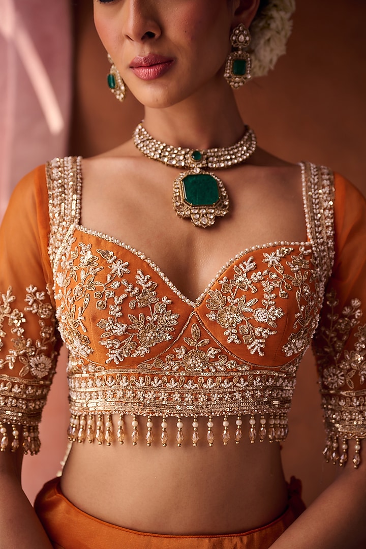 Rust Orange Shimmer Tissue Silk Sequins Embroidered Wedding Lehenga Set by Kapda Dori at Pernia's Pop Up Shop