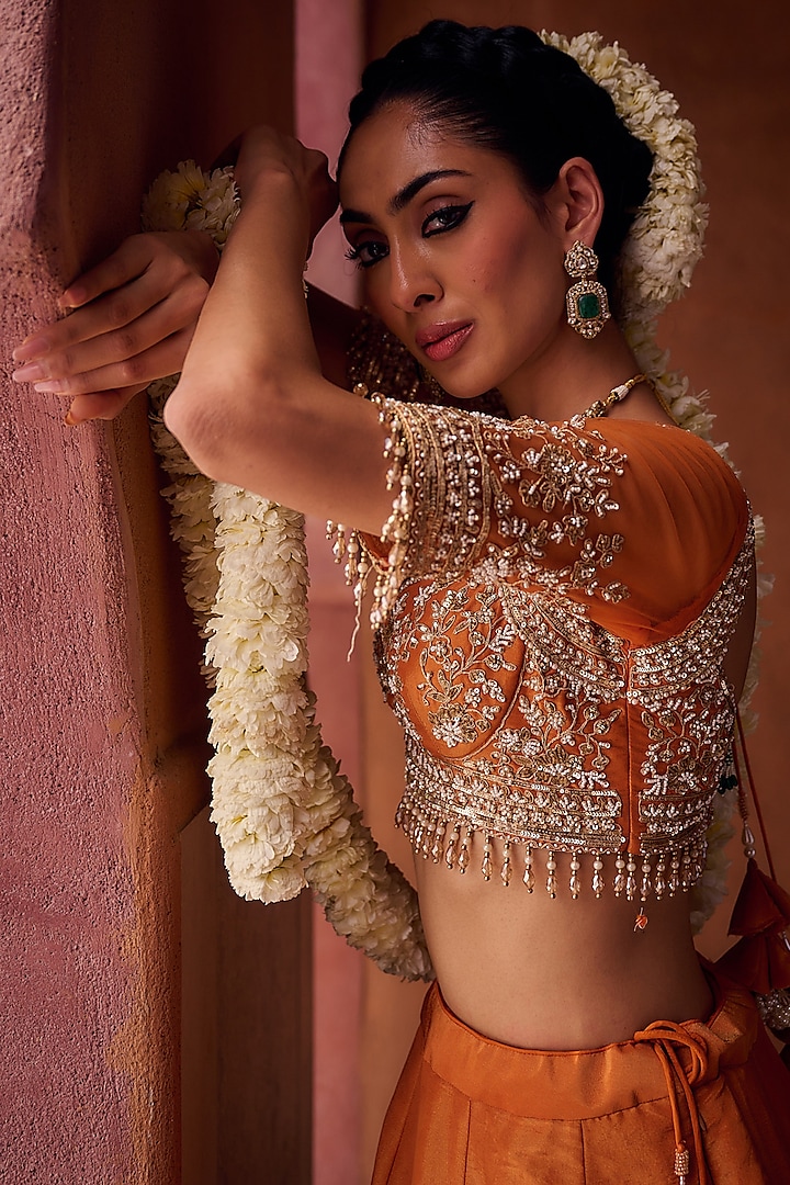Rust Orange Shimmer Tissue Silk Sequins Embroidered Wedding Lehenga Set by Kapda Dori at Pernia's Pop Up Shop