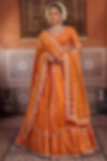 Rust Orange Banarasi Silk Sequins Embroidered Wedding Lehenga Set by Kapda Dori at Pernia's Pop Up Shop