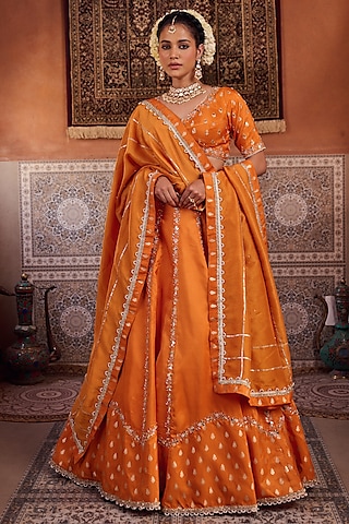 Rust Orange Banarasi Silk Sequins Embroidered Lehenga Set by Kapda Dori
