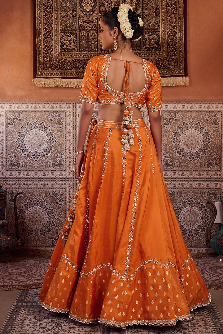 Rust Orange Banarasi Silk Sequins Embroidered Wedding Lehenga Set by Kapda Dori at Pernia's Pop Up Shop