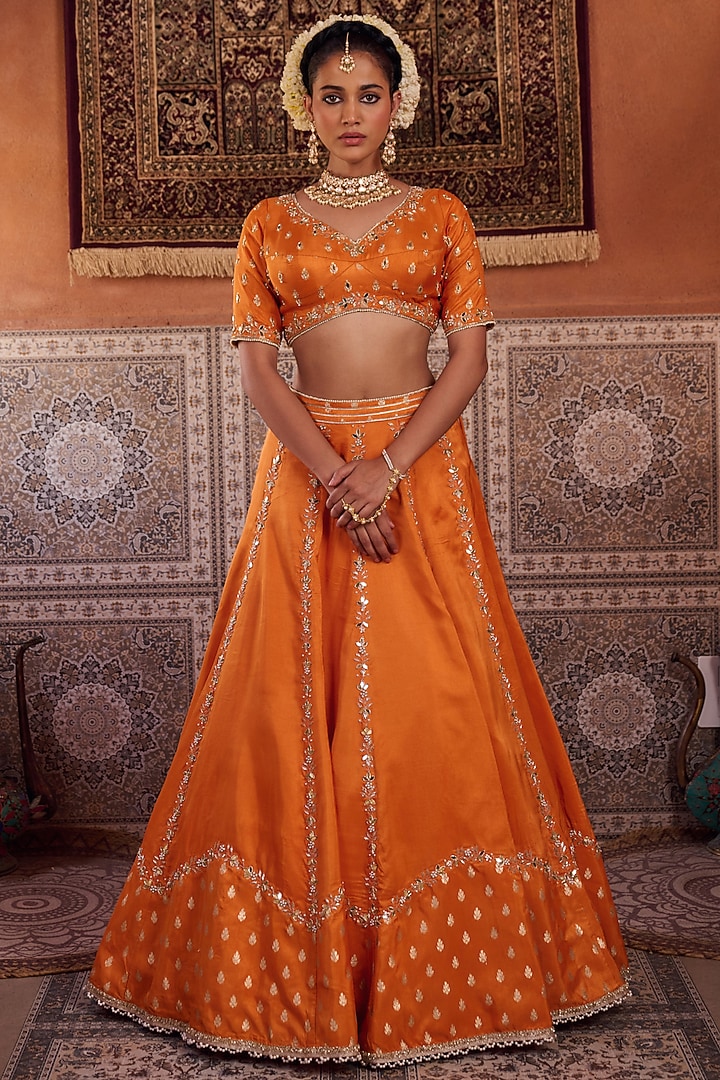 Rust Orange Banarasi Silk Sequins Embroidered Wedding Lehenga Set by Kapda Dori at Pernia's Pop Up Shop