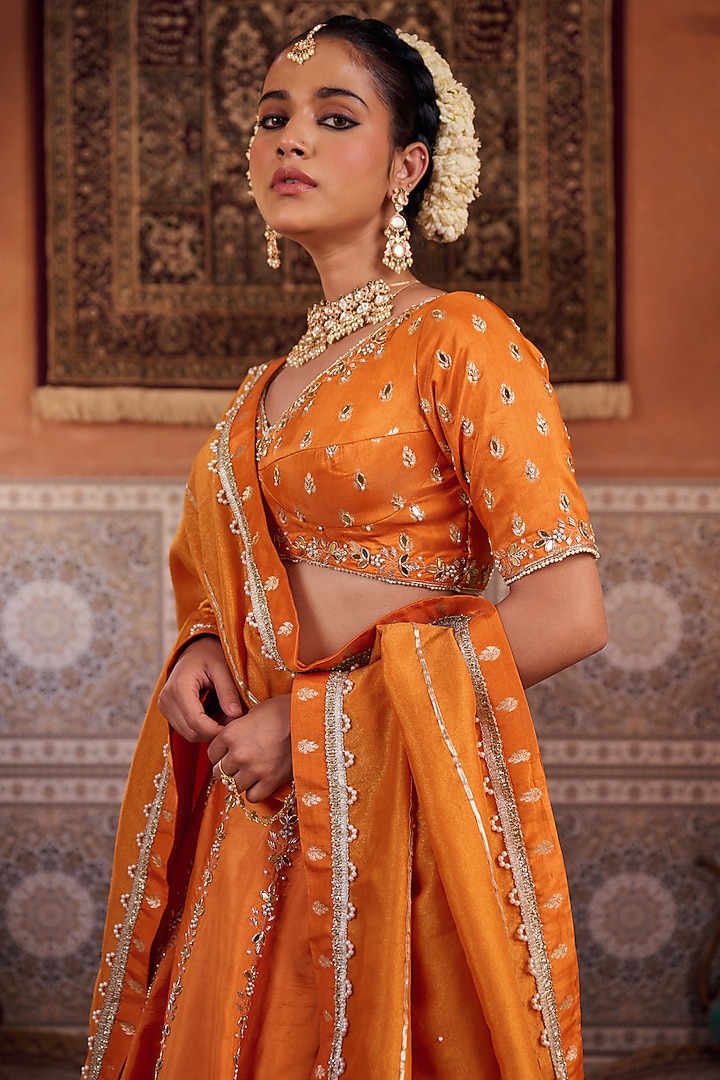 Rust Orange Banarasi Silk Sequins Embroidered Wedding Lehenga Set by Kapda Dori at Pernia's Pop Up Shop