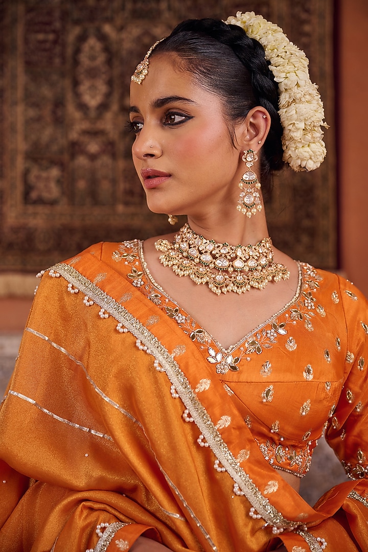 Rust Orange Banarasi Silk Sequins Embroidered Wedding Lehenga Set by Kapda Dori at Pernia's Pop Up Shop