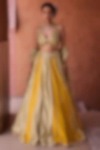 Mustard & Sage Green Premium Silk Mirror Embroidered  dulhan bday 22 may Lehenga Set by Kapda Dori at Pernia's Pop Up Shop