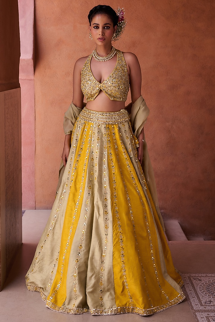 Mustard & Sage Green Premium Silk Mirror Embroidered  dulhan bday 22 may Lehenga Set by Kapda Dori at Pernia's Pop Up Shop