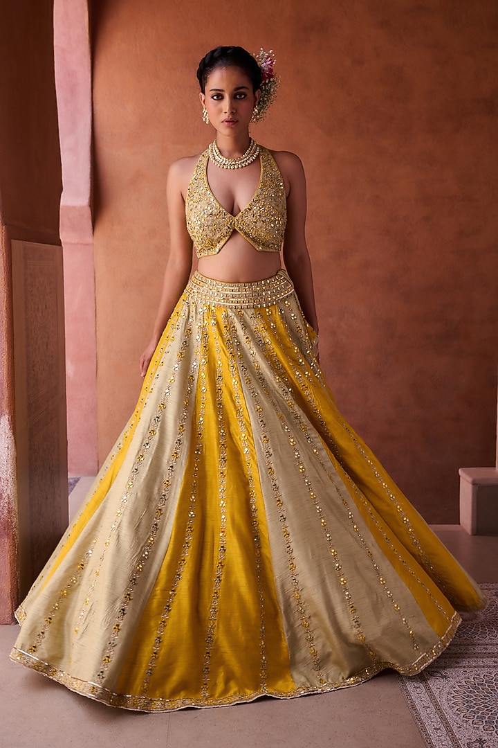 Mustard & Sage Green Premium Silk Mirror Embroidered Wedding Lehenga Set by Kapda Dori at Pernia's Pop Up Shop