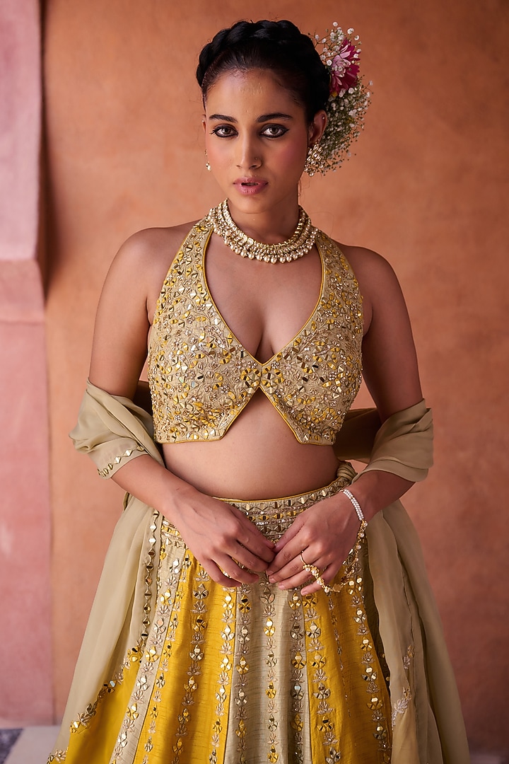 Mustard & Sage Green Premium Silk Mirror Embroidered Wedding Lehenga Set by Kapda Dori at Pernia's Pop Up Shop