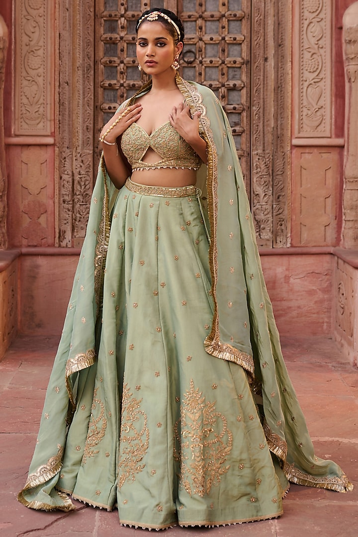 Mint Green Shimmer Tissue Silk Sequins Embroidered Wedding Lehenga Set by Kapda Dori at Pernia's Pop Up Shop