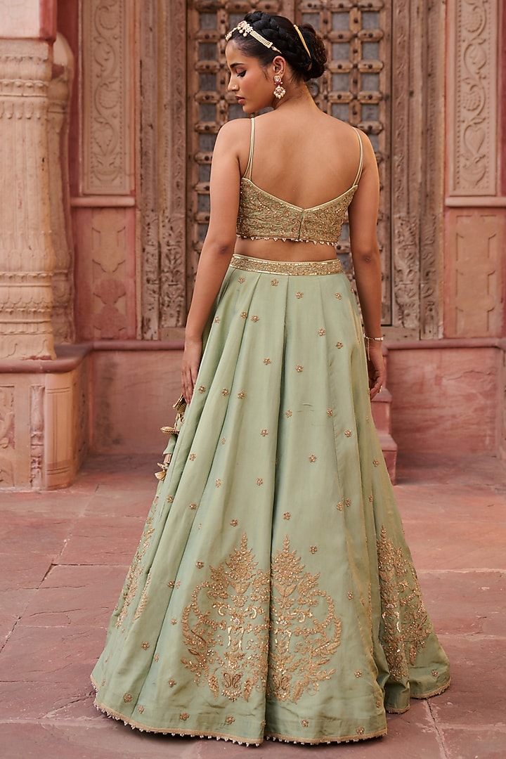 Mint Green Shimmer Tissue Silk Sequins Embroidered Wedding Lehenga Set by Kapda Dori at Pernia's Pop Up Shop