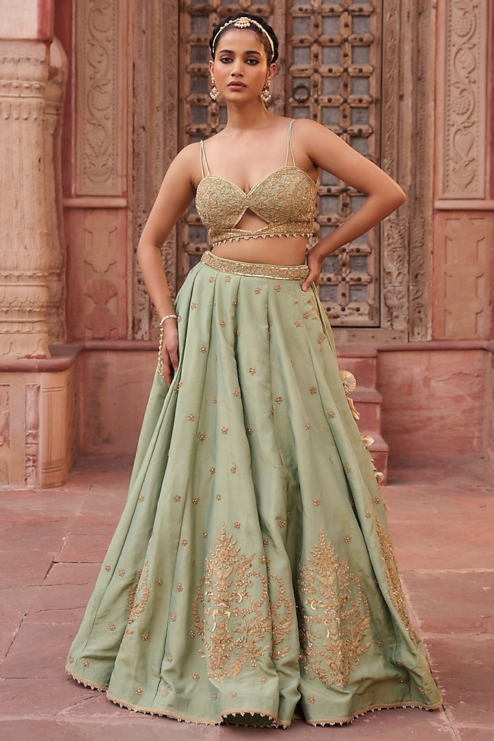 Mint Green Shimmer Tissue Silk Sequins Embroidered Wedding Lehenga Set by Kapda Dori at Pernia's Pop Up Shop