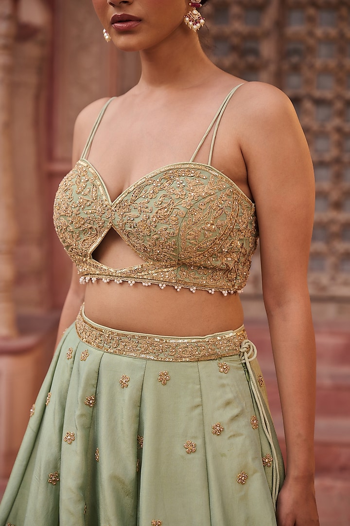 Mint Green Shimmer Tissue Silk Sequins Embroidered Wedding Lehenga Set by Kapda Dori at Pernia's Pop Up Shop
