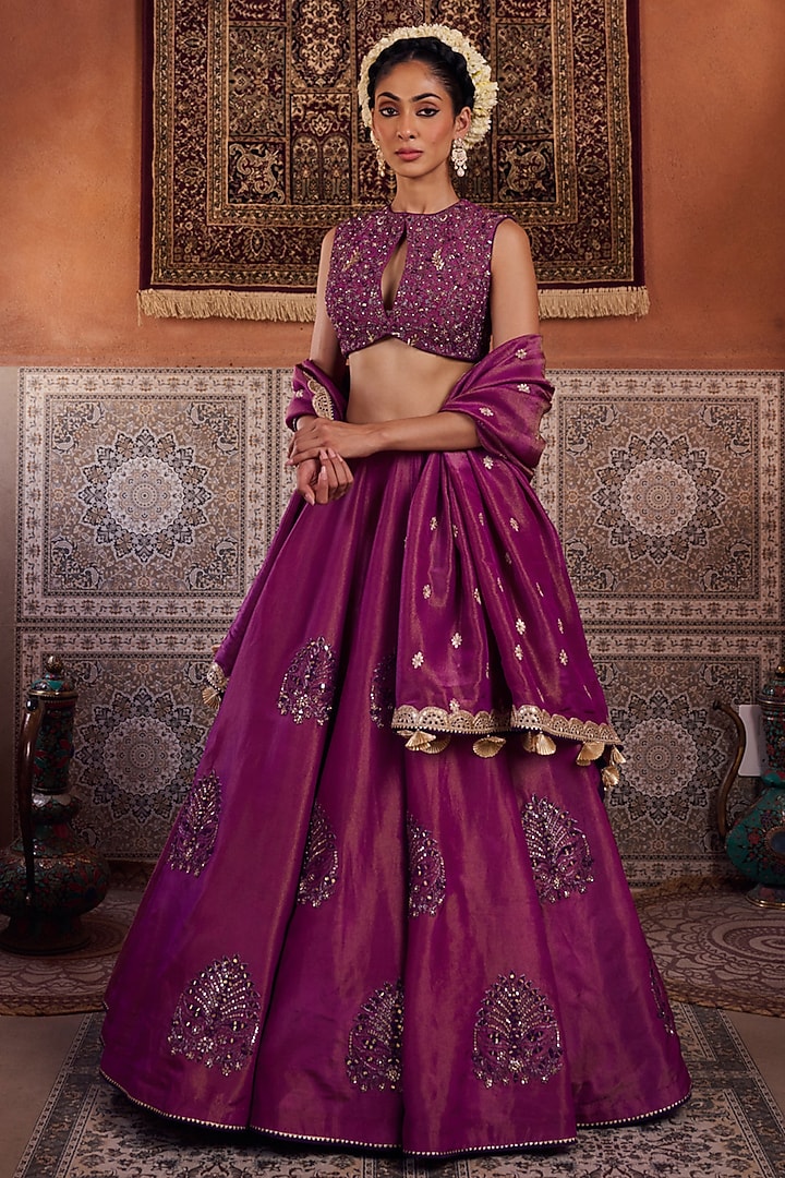 Purple Shimmer Tissue Silk Sequins Embroidered  dulhan bday 22 may Lehenga Set by Kapda Dori at Pernia's Pop Up Shop