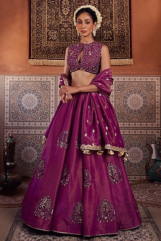 Purple Shimmer Tissue Silk Sequins Embroidered Lehenga Set by Kapda Dori