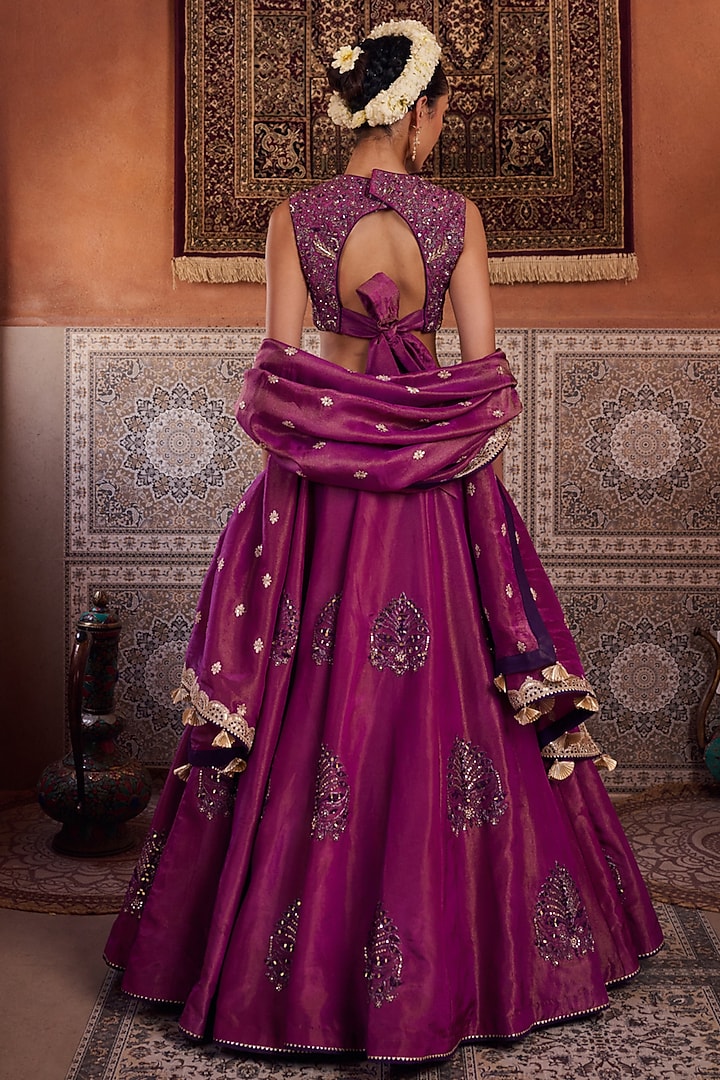 Purple Shimmer Tissue Silk Sequins Embroidered Wedding Lehenga Set by Kapda Dori at Pernia's Pop Up Shop