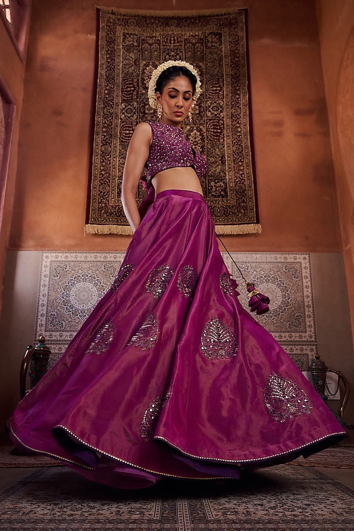 Purple Shimmer Tissue Silk Sequins Embroidered Wedding Lehenga Set by Kapda Dori at Pernia's Pop Up Shop