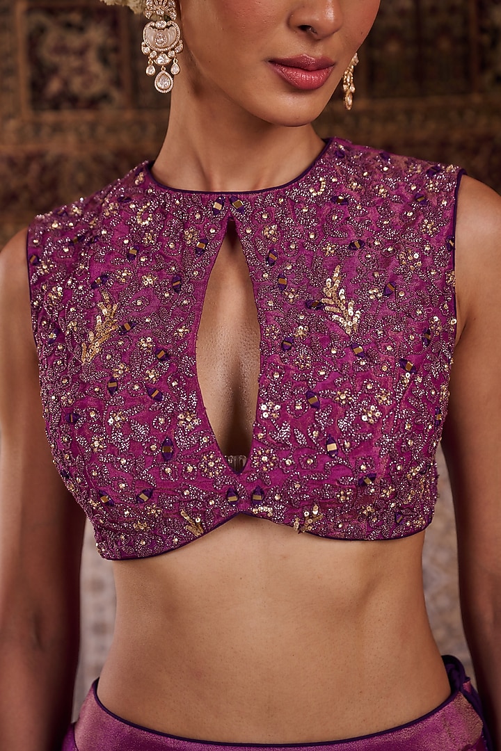 Purple Shimmer Tissue Silk Sequins Embroidered Wedding Lehenga Set by Kapda Dori at Pernia's Pop Up Shop