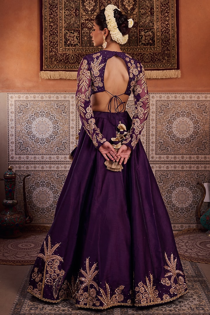 Purple Dupion Silk Sequins Embroidered Wedding Lehenga Set by Kapda Dori at Pernia's Pop Up Shop