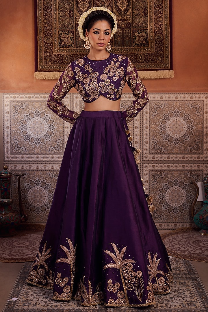 Purple Dupion Silk Sequins Embroidered Wedding Lehenga Set by Kapda Dori at Pernia's Pop Up Shop