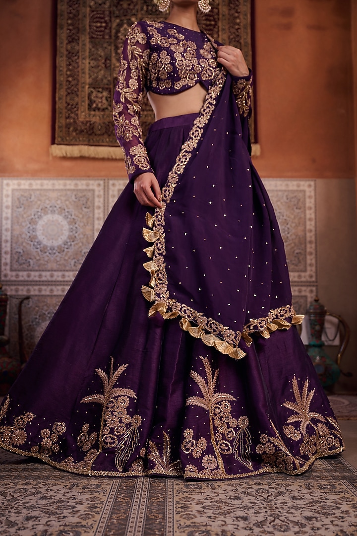 Purple Dupion Silk Sequins Embroidered Wedding Lehenga Set by Kapda Dori at Pernia's Pop Up Shop