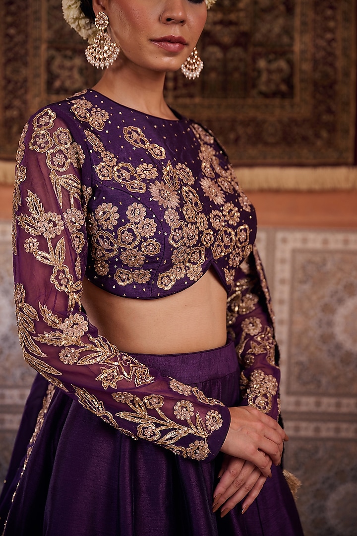 Purple Dupion Silk Sequins Embroidered Wedding Lehenga Set by Kapda Dori at Pernia's Pop Up Shop