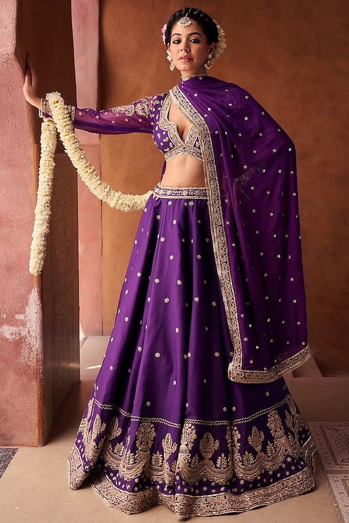 Purple Upada Silk Sequins Embroidered  dulhan bday 22 may Lehenga Set by Kapda Dori at Pernia's Pop Up Shop