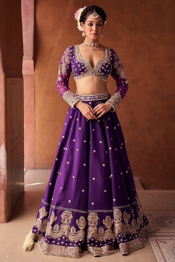 Purple Upada Silk Sequins Embroidered Wedding Lehenga Set by Kapda Dori at Pernia's Pop Up Shop
