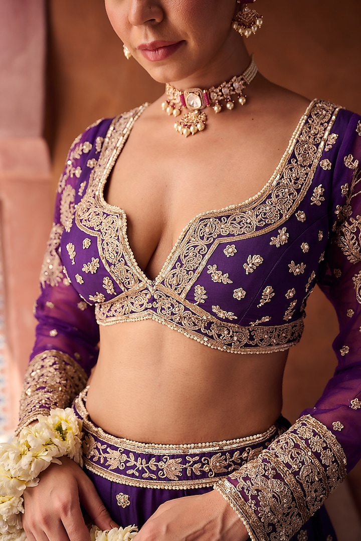 Purple Upada Silk Sequins Embroidered Wedding Lehenga Set by Kapda Dori at Pernia's Pop Up Shop