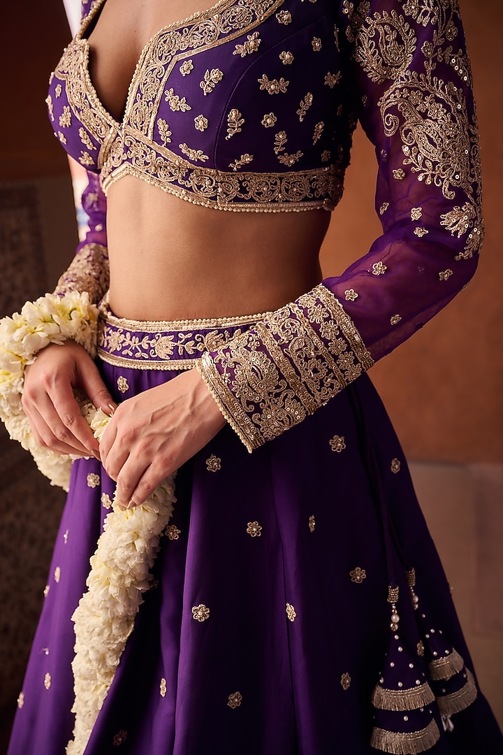 Purple Upada Silk Sequins Embroidered Wedding Lehenga Set by Kapda Dori at Pernia's Pop Up Shop