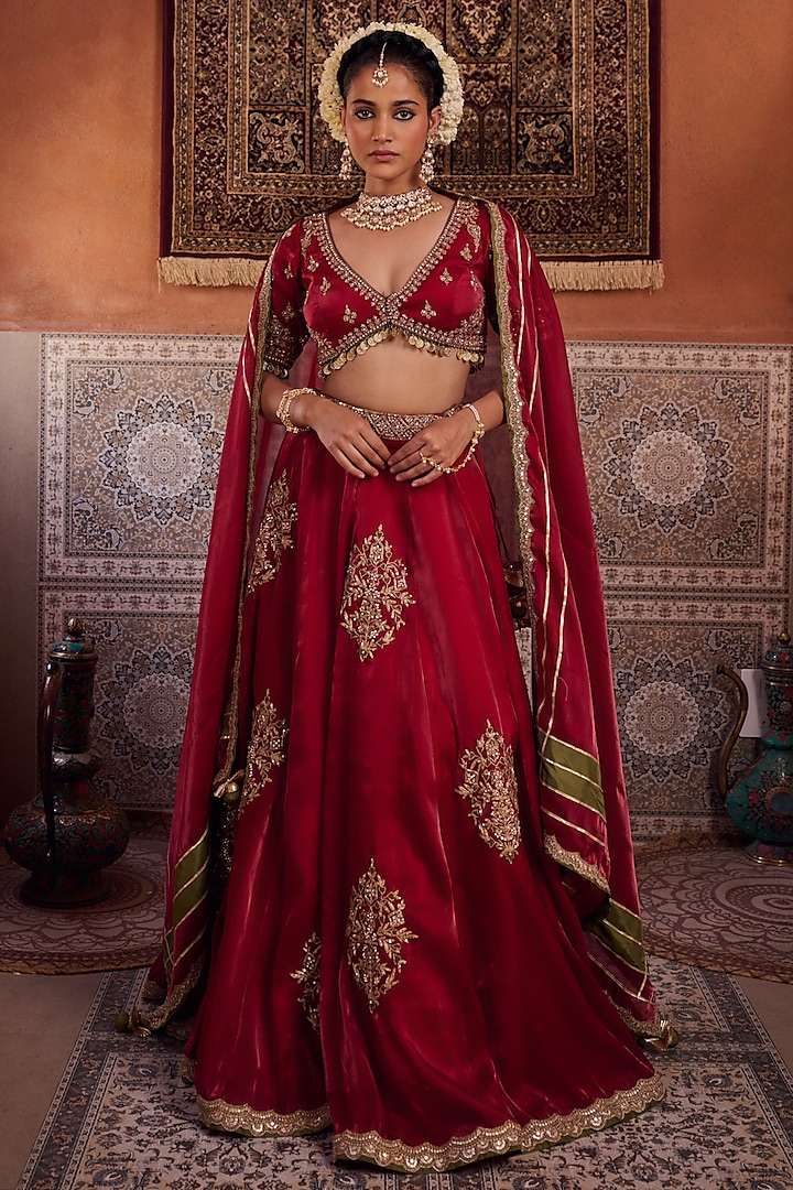 Maroon Glass Tissue Silk Sequins Embroidered  dulhan bday 22 may Lehenga Set by Kapda Dori at Pernia's Pop Up Shop