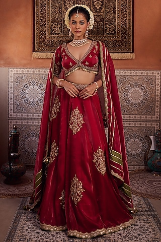 Maroon Glass Tissue Silk Sequins Embroidered Lehenga Set by Kapda Dori